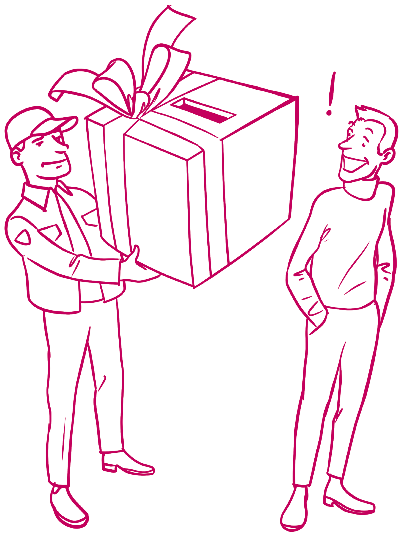 Illustration (Cartoon): Ein Paketbote überreicht einem Mann eine Wahlurne, die mit einem Geschenkband versehen ist.