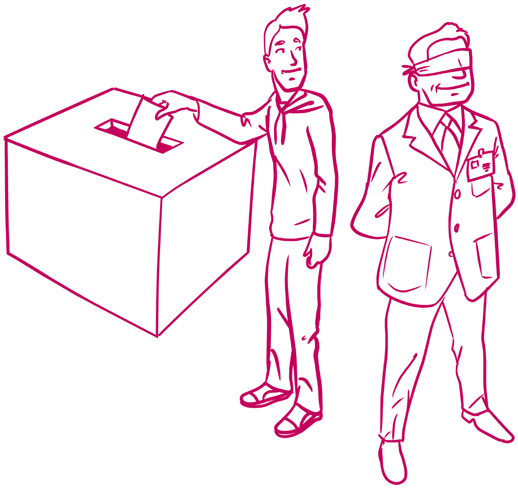 Illustration (Cartoon): Ein Mann wirft einen Wahlschein in die Wahlurne. Ein Wahlhelfer, der danebensteht, dreht dem Wählenden den Rücken zu und trägt eine Augenbinde.