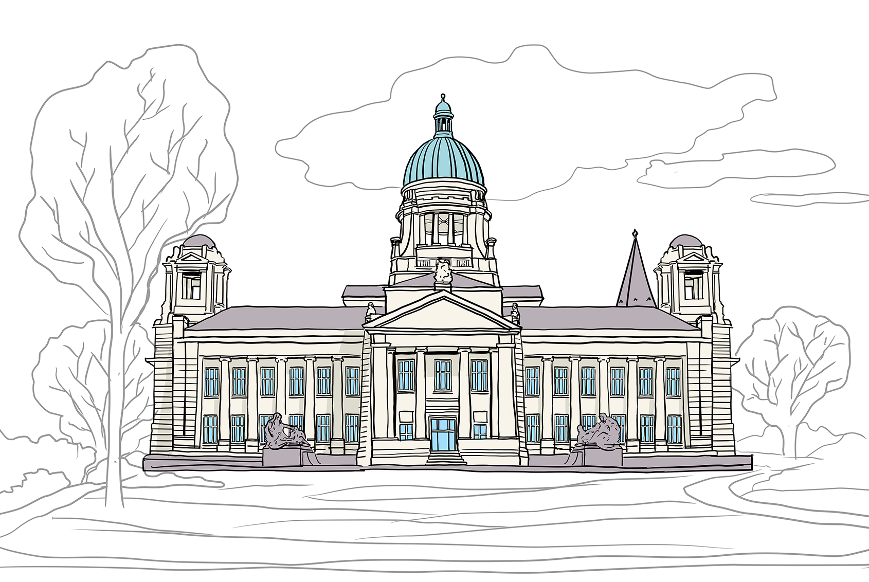 Illustration: Frontansicht des im Stil der Neorenaissance erbauten Hamburger Verfassungsgerichts. Das Gebäude wirkt monumental. Über dem architektonisch betonten Eingangsbereich in der Mitte des Gebäudes erhebt sich eine Kuppel.