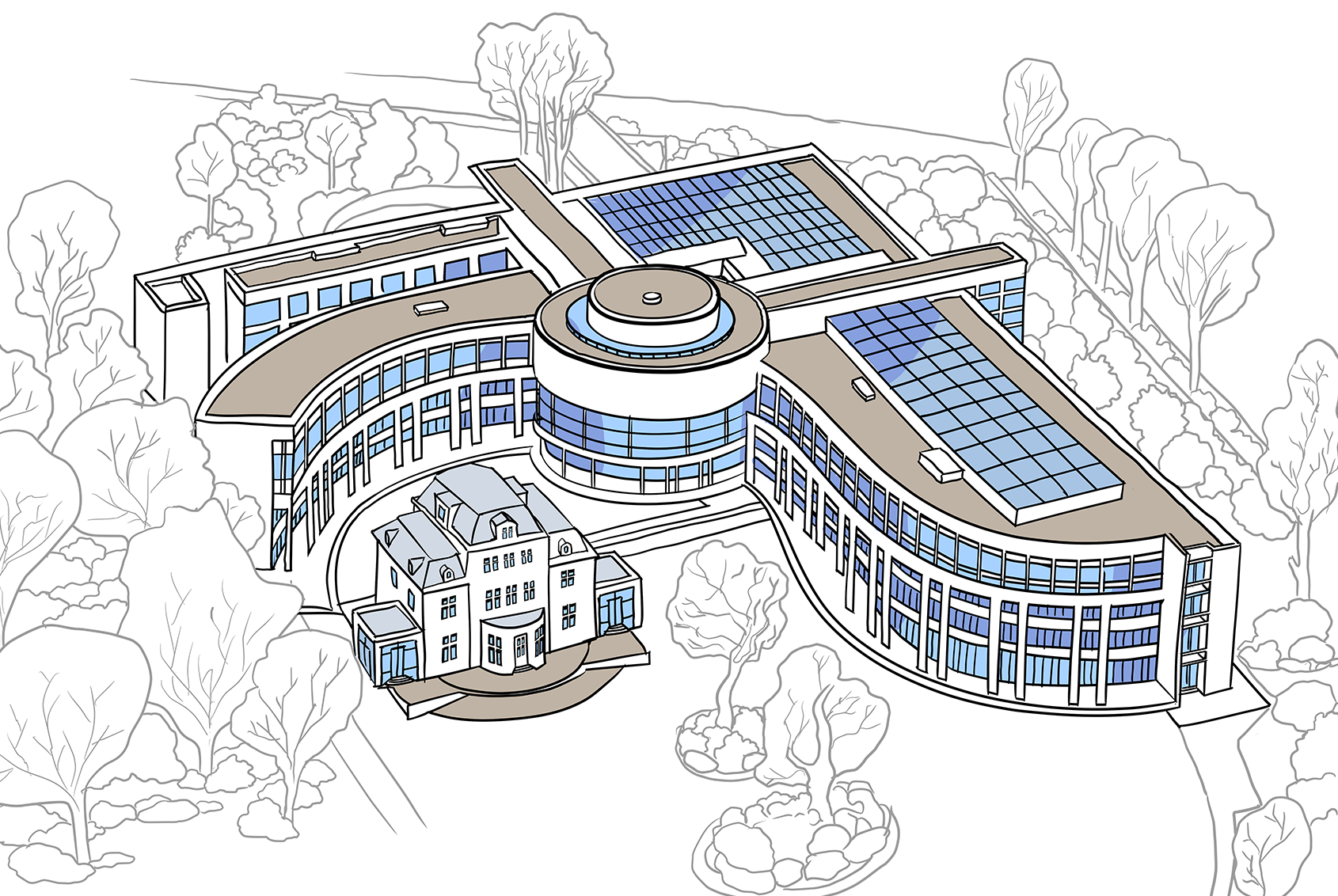 Illustration des Gebäudes des Internationalen Seegerichtshofs. Die Illustration zeigt das Gebäude aus der Vogelperspektive. Der moderne Gebäudekomplex hat in seinem Zentrum ein zylinderförmiges Gebäude, von dem die anderen Gebäudeteile abgehen. Auffällig ist, dass zwei Gebäudeteile bogenförmig verlaufen. Diese Gebäudeteile rahmen ein älteres Gebäude mit 3 Stockwerken im Vordergrund ein, sind mit diesem aber nicht verbunden.