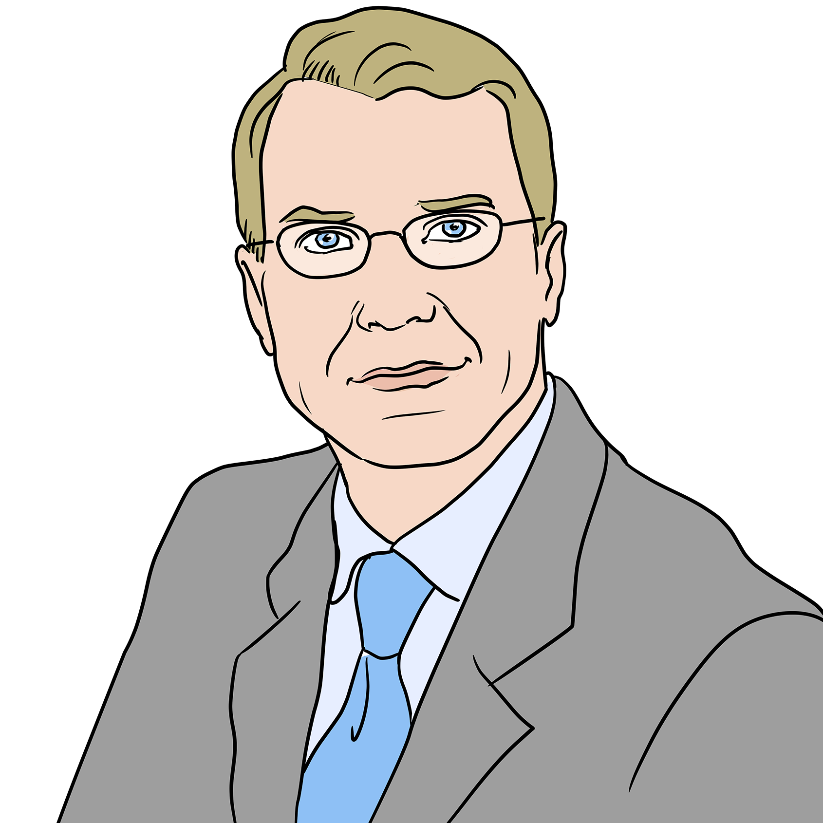 Illustration 4: Portrait eines circa 50-jährigen Mannes im grauen Anzug. Seine hellbraunen Haare sind seitlich gescheitelt. Er trägt eine Brille mit dünnem Rand.
