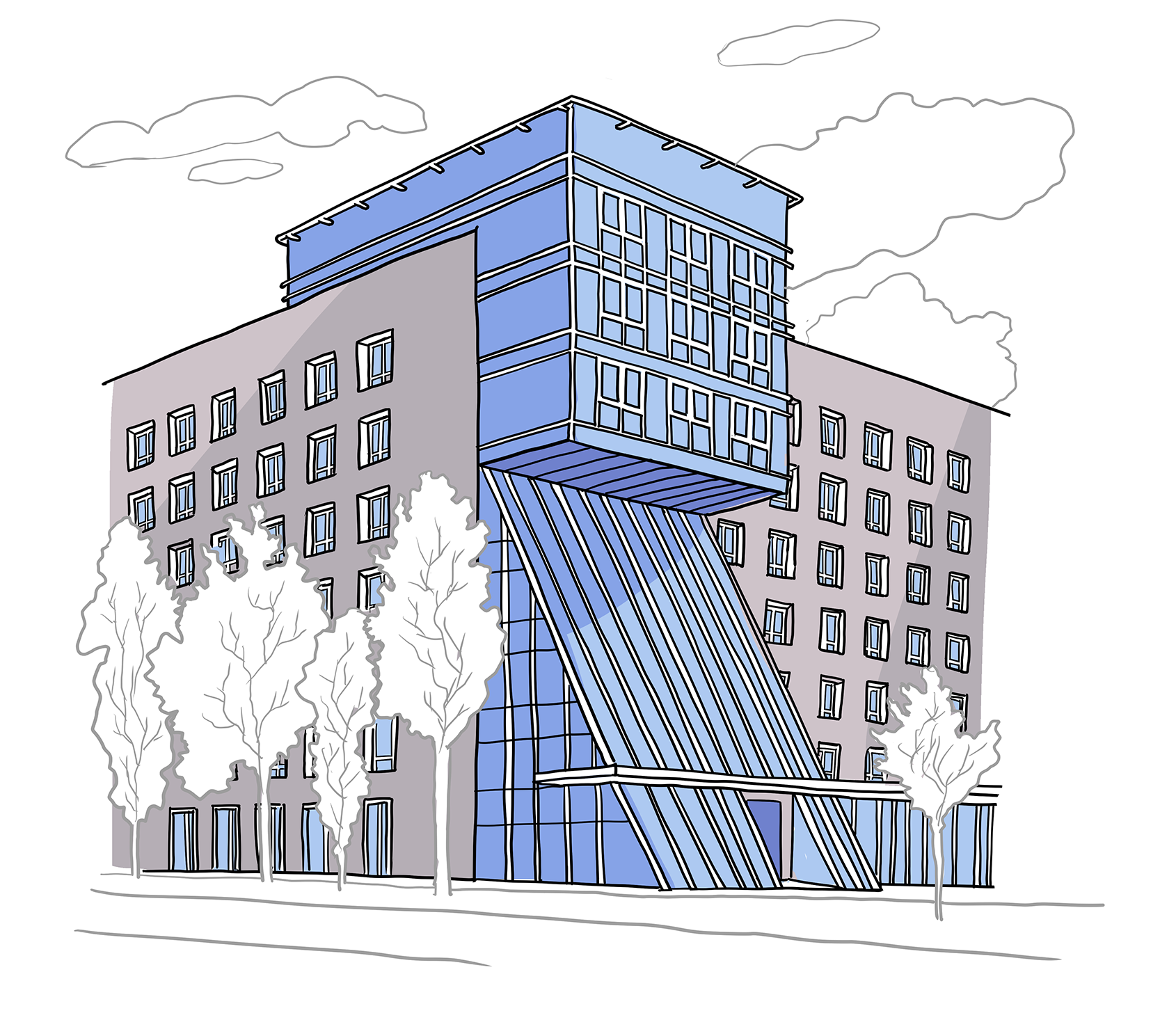 Illustration: Eckansicht des Gebäudes des „Haus der Gerichte in Hamburg“. Auffällig ist ein gläserner, keilförmiger Vorbau, der bis zum 4 Stock reicht, und in dessen unterem Bereich sich der Eingang in das Gebäude befindet.