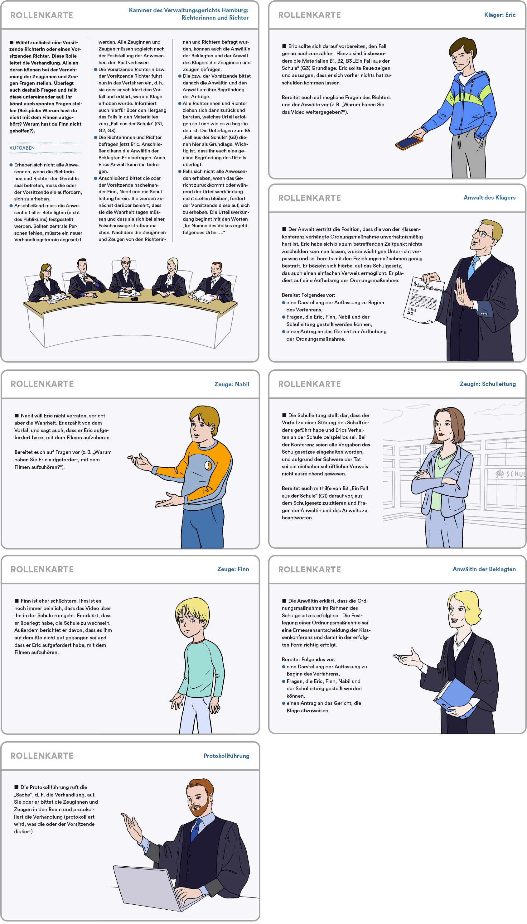 Verkleinerte Abbildung aller acht Rollenspielkarten, die für das Rollenspiel „Gerichtsverhandlung vor dem Verwaltungsgericht Hamburg“ als Download zur Verfügung stehen