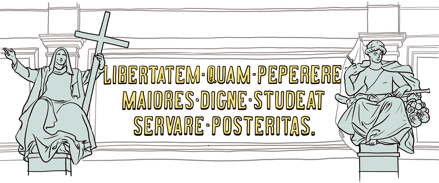 Illustration: Die Lateinischen Inschrift über dem Rathausportal: LIBERTATEM QUAM PEPERERE MAIORES DIGNE STUDEAT SERVARE POSTERITAS. Die Inschrift wird rechts und links von zwei Steinfiguren flankiert.
