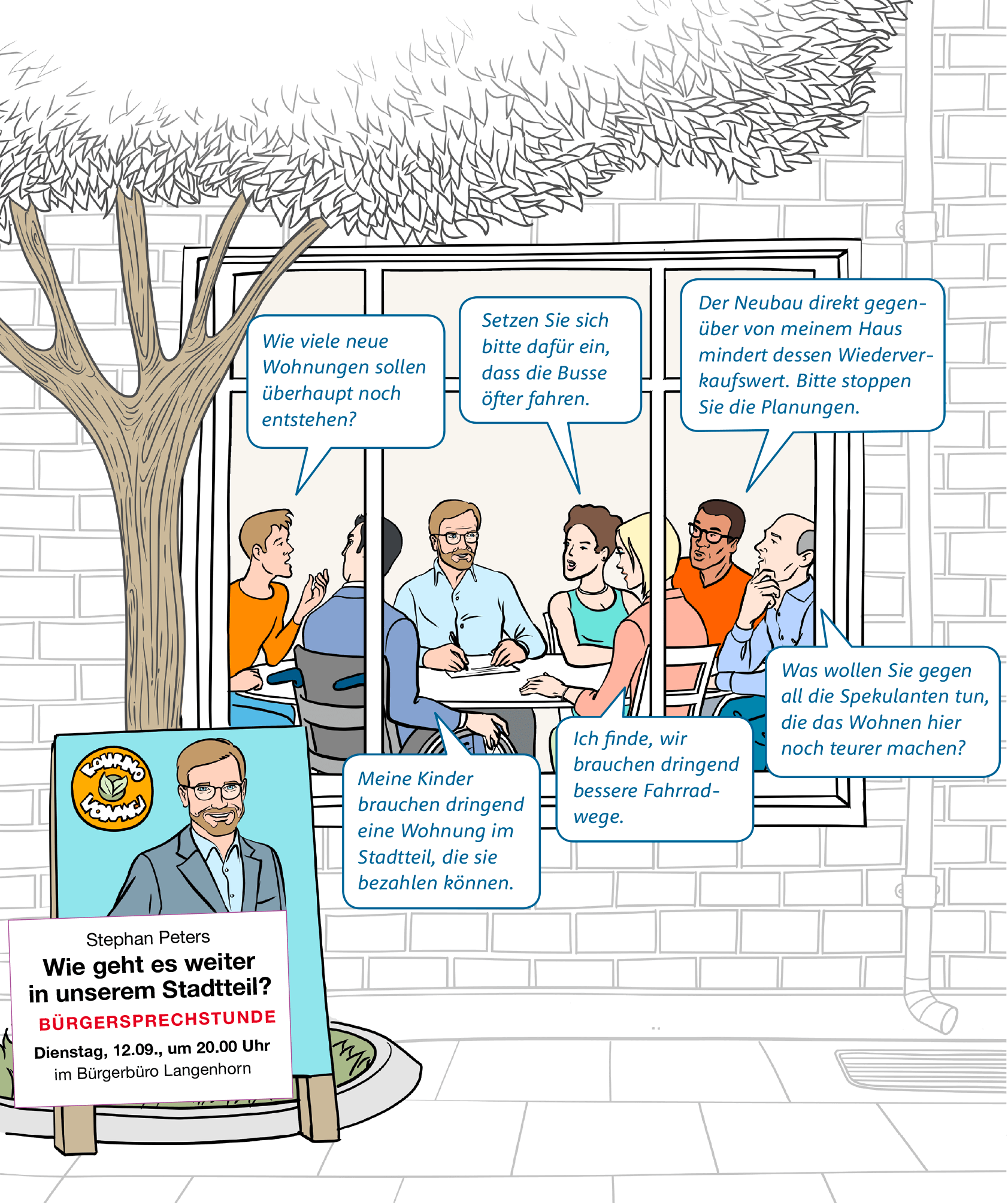 Illustration: Der Abgeordnete Stephan Peters sitzt mit sechs weiteren Personen im Bürgerbüro in Langenhorn. Er hat zu einer Bürgersprechstunde eingeladen. Jede der anwesenden Personen richtet sich mit Forderungen/Fragen an den Abgeordneten. (Siehe auch das Ausklappmenü unter dem Bild.)