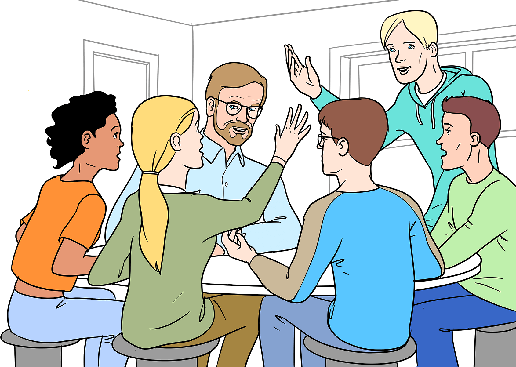 Stephan Peters im Gespräch mit 5 Schülern an einem Tisch.