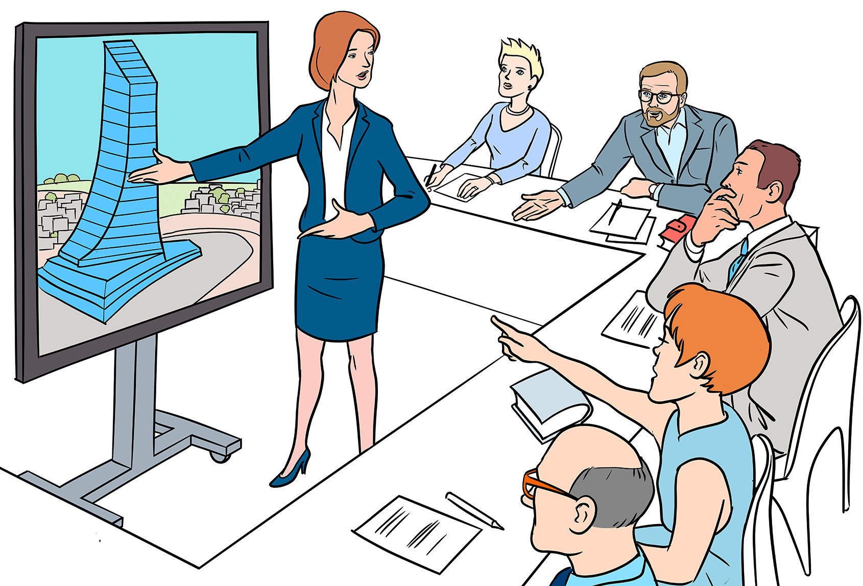 Eine Frau steht neben einem großen Flatscreen, der das Modell eines Hochhauses zeigt. Sie deutet mit der Hand auf den Screen und spricht zu den anwesenden Personen, die an einem L-förmigen Tisch sitzen. Unter ihnen ist auch Stephan Peters. Er und eine andere Frau reagieren gleichzeitig mit Fragen und/oder Anmerkungen auf den Vortrag.