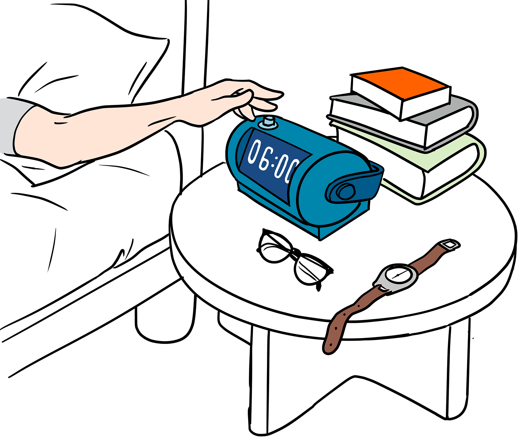 Ein Nachttisch mit einem Wecker. Der Wecker zeigt 6 Uhr. Eine Hand drückt den Ausknopf.