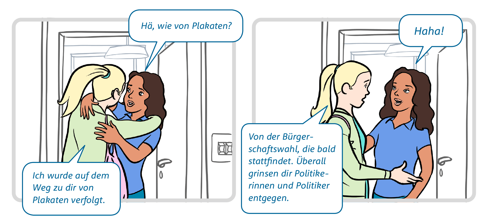 Bild 2 und 3: Amina begrüßt Lisa an der Wohnungstür.