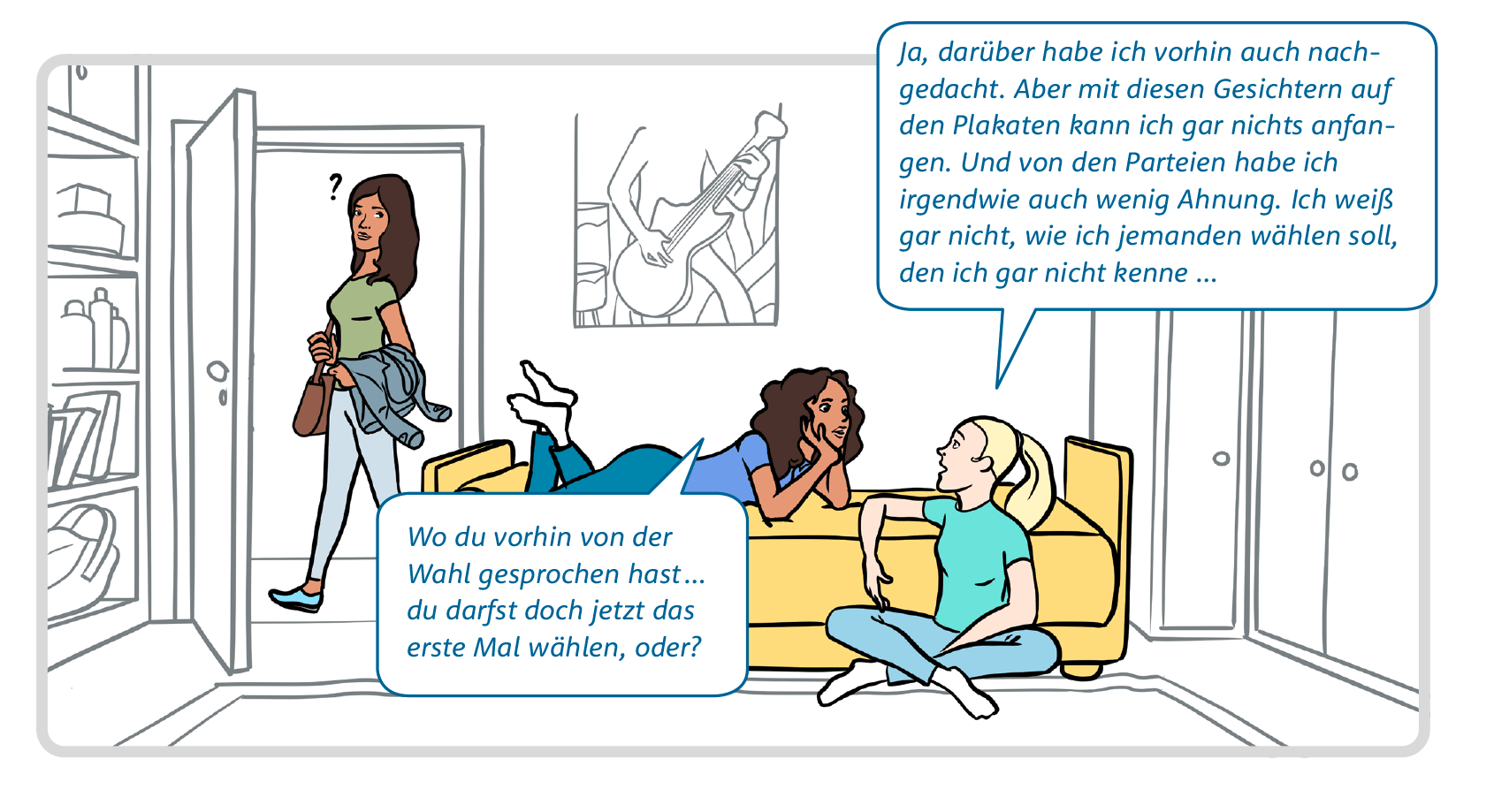 Bild 4: Amina und Lisa unterhalten sich in Aminas Zimmer. Aminas Mutter hört das Gespräch zufällig mit an, als sie an der offenen Zimmertür vorbei geht.