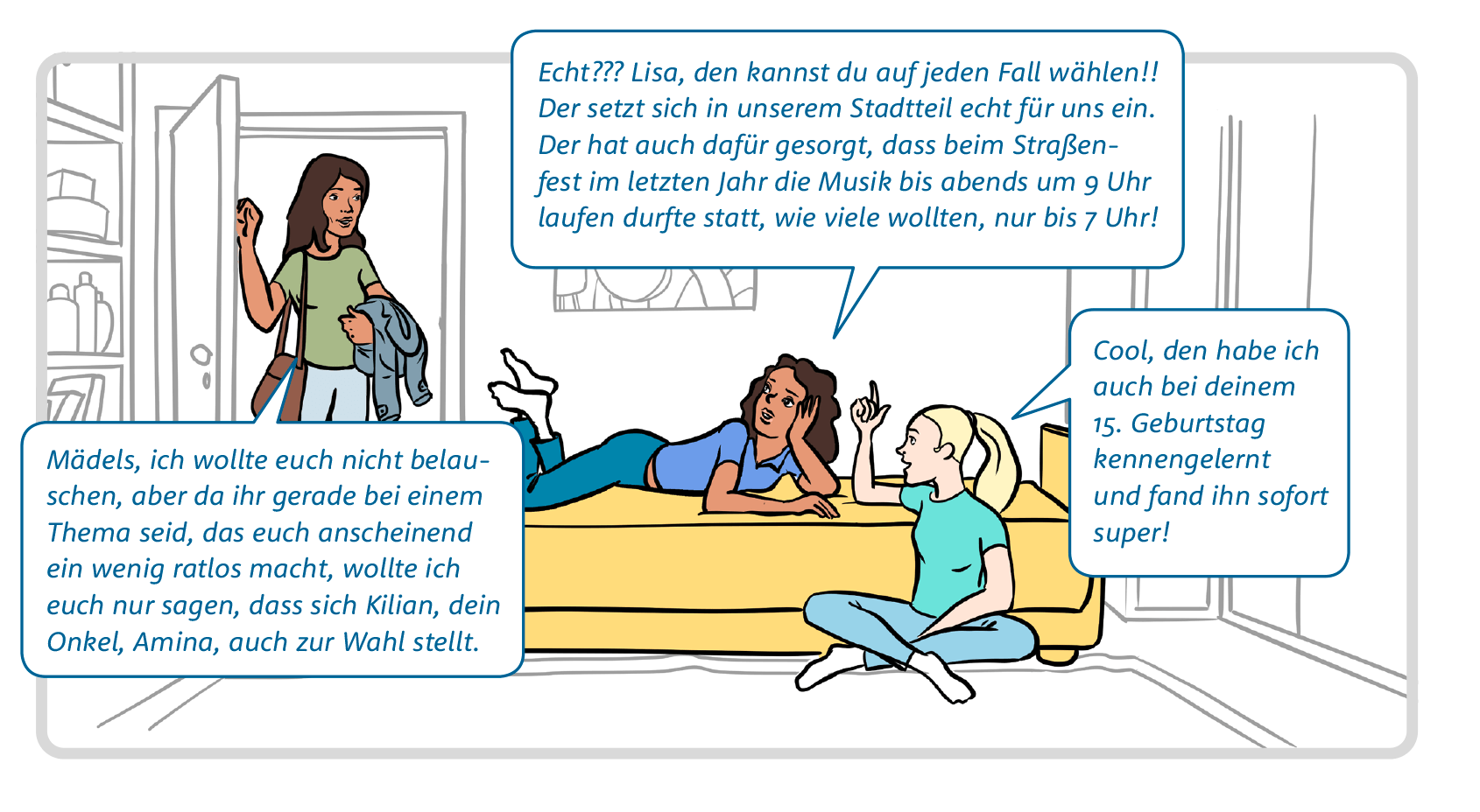 Bild 5: Amina und Lisa unterhalten sich in Aminas Zimmer. Aminas Mutter schaltet sich in das Gespräch mit ein.