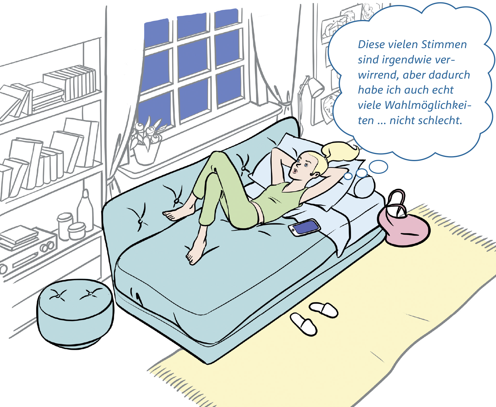 Lisa liegt abends in ihrem Zimmer auf dem Bett. Sie hat die Arme hinter dem Kopf verschränkt. Sie denkt nach.