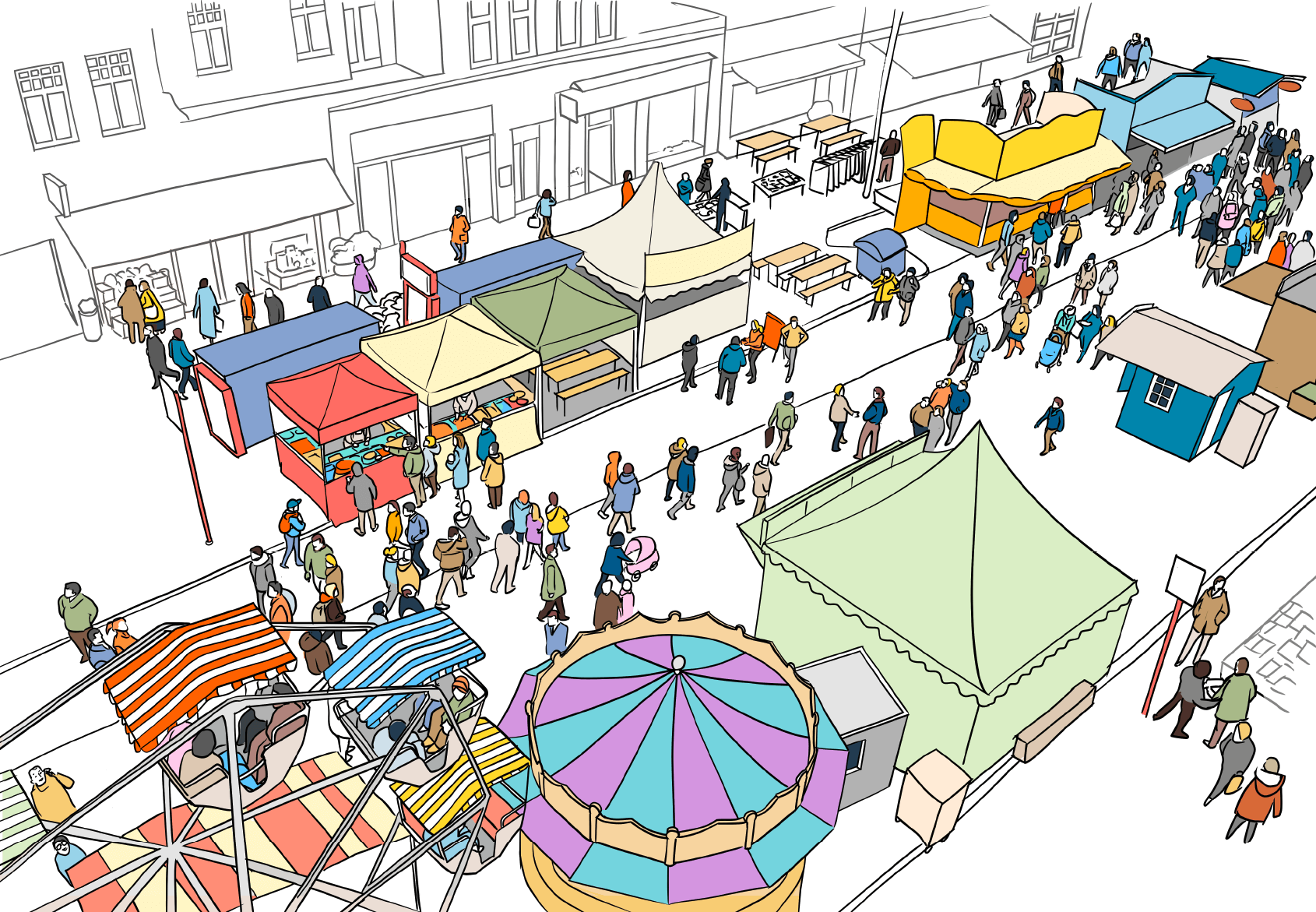 Illustration: Ansicht eines Straßenfestes. Zu beiden Seiten der Straße stehen Stände und Fahrgeschäfte. Die Straße ist voller Menschen.