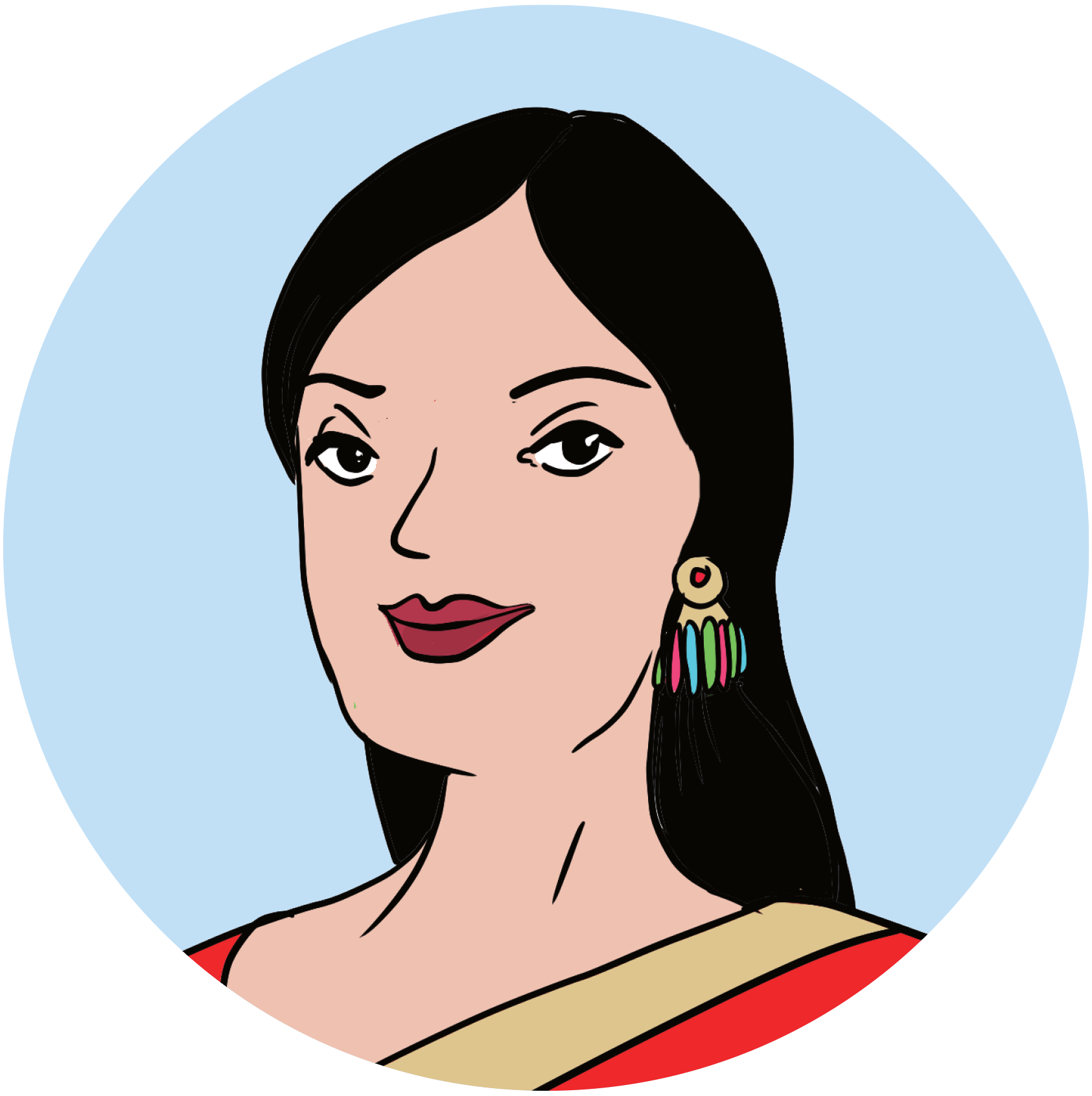 Illustration:  Portrait von Auni. Eine Frau mit langen schwarzen Haaren, circa 30 Jahre.