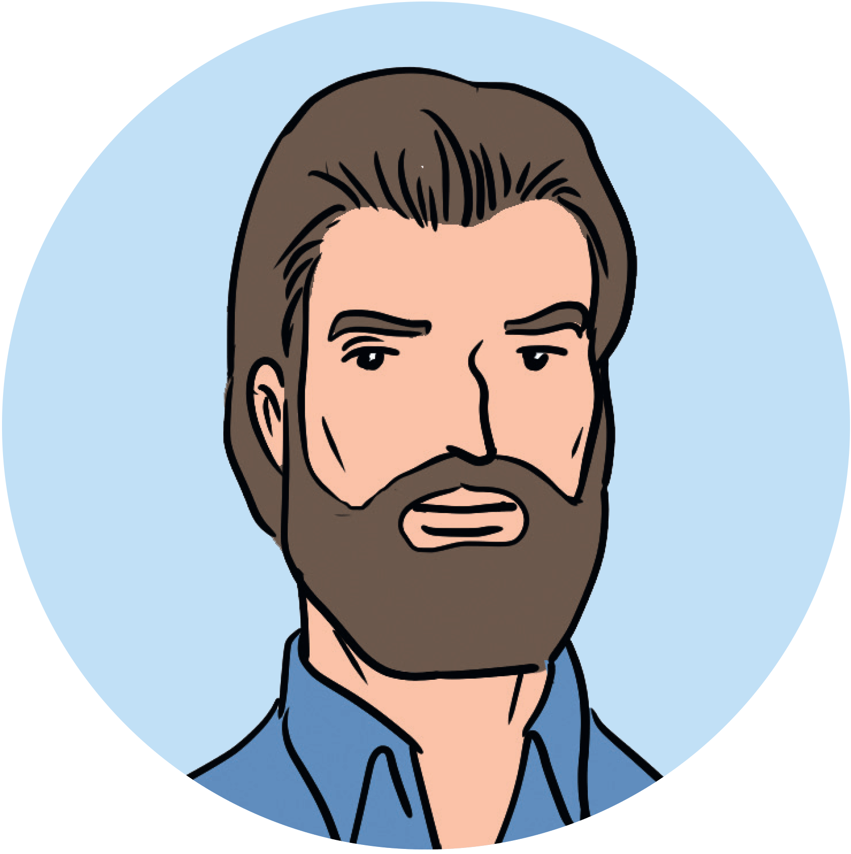 Illustration:  Portrait von Diego. Ein Mann mit braunem Haar und Vollbart, circa 40 Jahre.