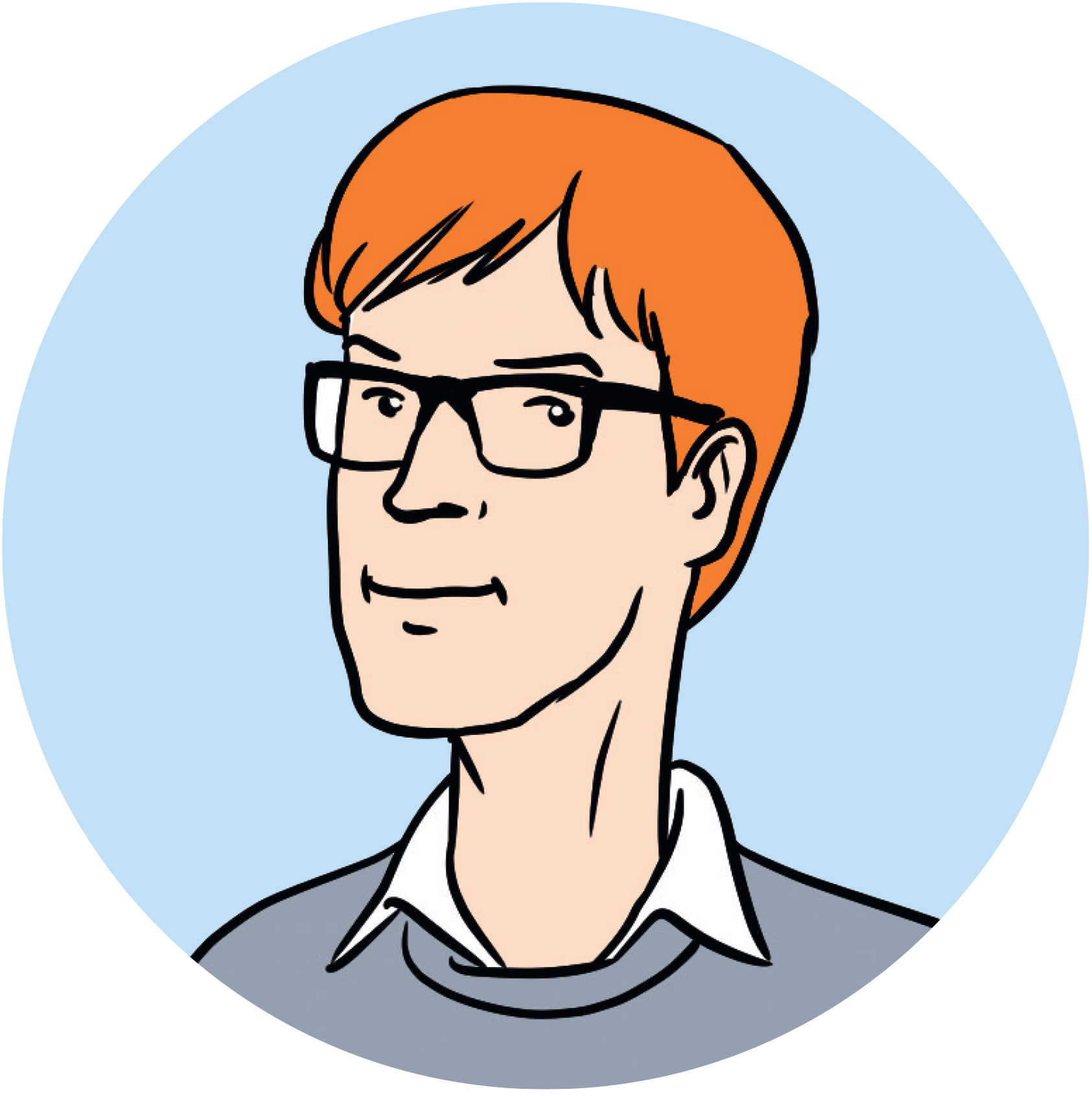 Illustration:  Portrait von George. Ein Mann mit rotem Haar und Brille, circa 40 Jahre.