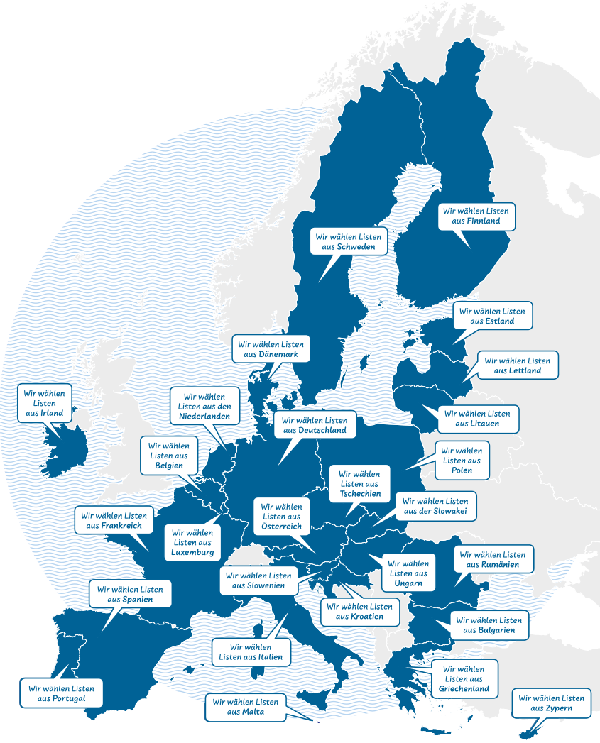 Mischung aus Schaubild und Cartoon. Eine Karte, die alle Länder der Europäischen Union zeigt. Jedes Land hat eine Sprechblase. In allen steht: „Wir wählen Listen aus ... (Name des jeweiligen Landes)“