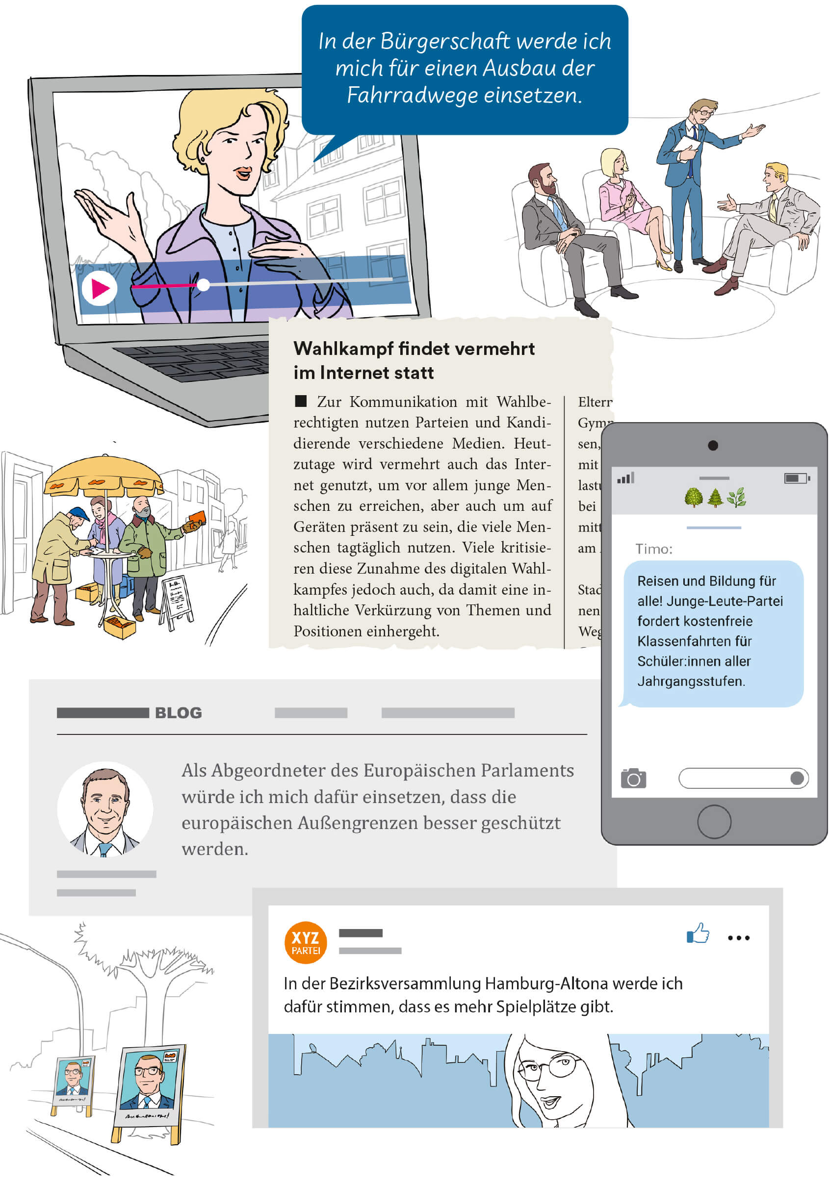 Eine Collage aus Illustrationen, Zeitungsausausschnitten und Social Media Posts. Beschreibung der einzelnen Bestandteile der Collage: 1.) Ein aufgeklappter Laptop. Auf dem Bildschirm läuft ein Video. Eine Frau ist zu sehen, sie gestikuliert und spricht in die Kamera. Im Hintergrund Bäume und Häuser. Sie sagt: „In der Bürgerschaft werde ich mich für einen Ausbau der Fahrradwege einsetzen.“ 2) Zwei Männer im Anzug und eine Frau in Business-Kleidung sitzen auf Sesseln in einem Fernsehstudio. Sie diskutieren. Ein Moderator steht zwischen ihnen. 3.) Drei Personen stehen unter einem Sonnenschirm der mit Logos einer fiktiven Partei bedruckt ist. Der Sonnenschirm steckt in einem Stehtisch. Ein älterer Mann steht leicht gebeugt an dem Stehtisch und schreibt etwas. Eine Frau redet mit ihm. Die dritte Person, ein älterer Mann, wendet sich Richtung Straße und versucht, vorbeigehende Passanten anzusprechen. Er hält einen Info-Flyer in der Hand. 4.) Ein Zeitungsausschnitt mit dem folgenden Text: (Überschrift:) Wahlkampf findet vermehrt im Internet statt. (Text:) Zur Kommunikation mit Wahlberechtigten nutzen Parteien und Kandidierende verschiedene Medien. Heutzutage wird vermehrt auch das Internet genutzt, um vor allem junge Menschen zu erreichen, aber auch um auf Geräten präsent zu sein, die viele Menschen tagtäglich nutzen. Viele kritisieren diese Zunahme des digitalen Wahlkampfes jedoch auch, da damit eine inhaltliche Verkürzung von Themen und Positionen einhergeht. 5.) Handy-Display mit einer Textnachricht: Reisen und Bildung für alle! Junge-Leute-Partei fordert kostenfreie Klassenfahrten für Schüler:innen aller Jahrgangsstufen 6.) Ausschnitt aus einem fiktiven Online Blog. (Text:) Als Abgeordneter des Europäischen Parlaments würde ich mich dafür einsetzen, dass die europäischen Außengrenzen besser geschützt werden. Ein Portrait des Abgeordneten steht links neben dem Text in einem Kreis. Es ist ein Mann mittleren Alters. 7.) Ausschnitt aus einem fiktiven Facebook Post – Wahlwerbung der „XYZ-Partei“. Links oben ist das Partei Logo abgebildet. Daneben steht: „In der Bezirksversammlung Hamburg-Altona werde ich dafür stimmen, dass es mehr Spielplätze gibt.“ Darunter sieht man das Bild einer jungen Frau mit Brille. Im Hintergrund ist eine Stadtsilhouette. 8.) Illustration: Zwei Aufsteller mit Wahlwerbeplakaten an einer Straße. Beide zeigen das Portrait desselben Politikers.